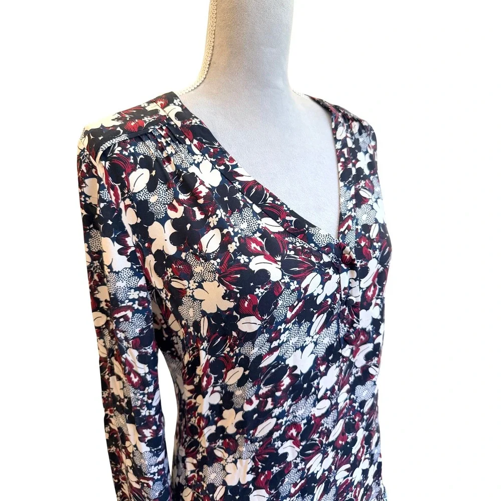 Veronica Beard Franklin Silk Floral V-Neck Ruffle Mini Dress Navy Burgundy 4